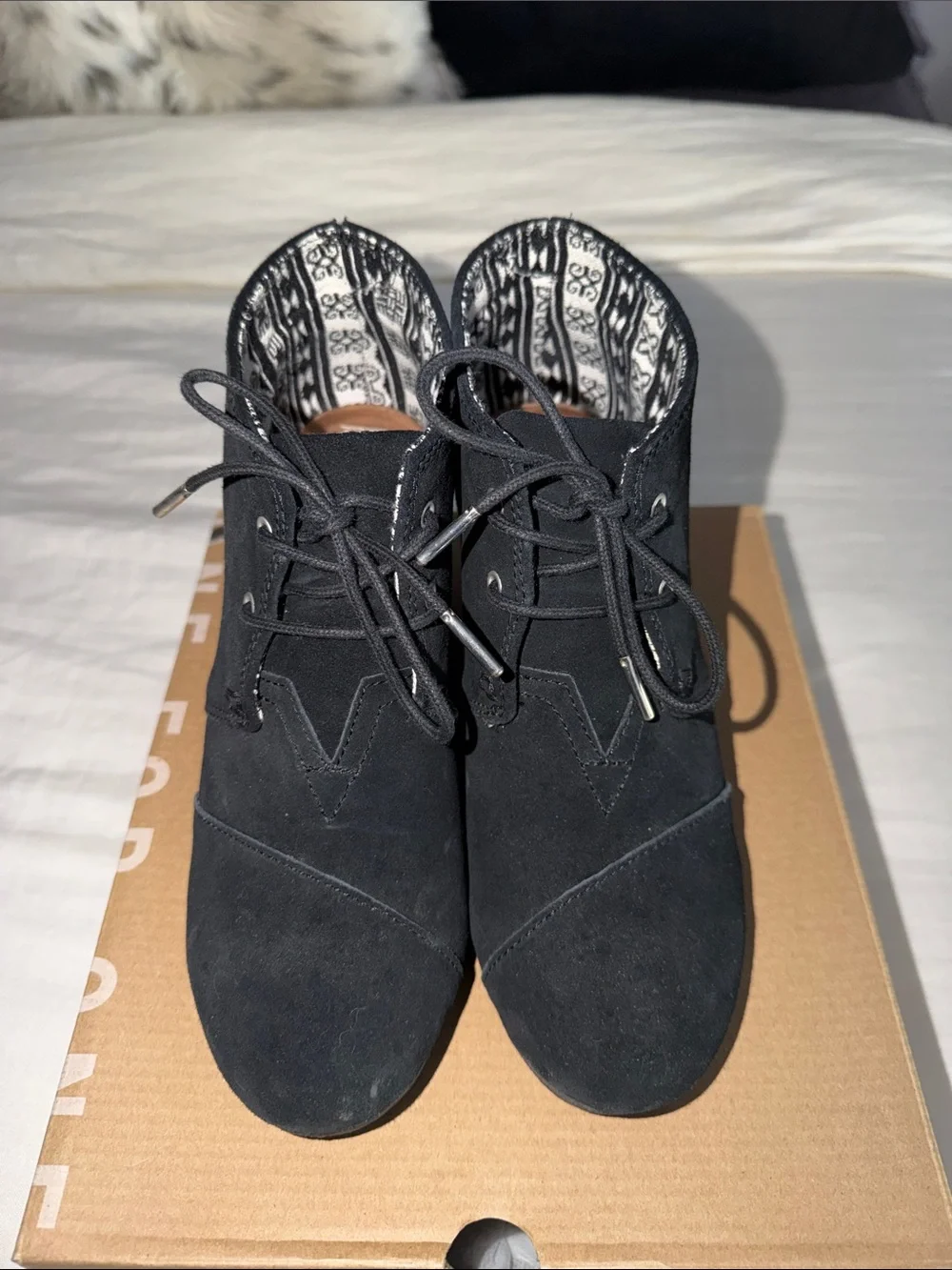 Toms Black Lace-Up Suede Wedge Booties
